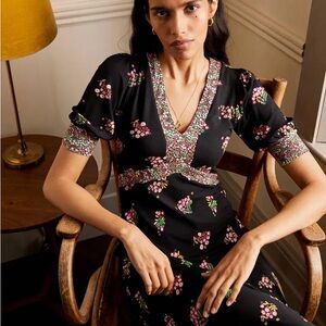 Boden Black Floral Midi Dress